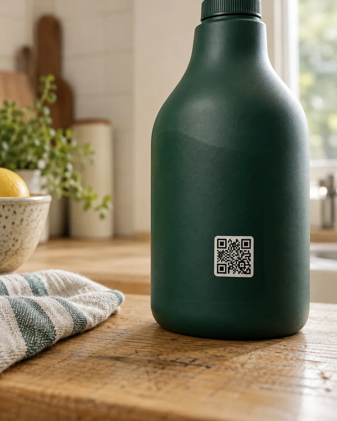 Makró termékfotó egy matt zöld flakon csomagolásán lévő QR-címkéről