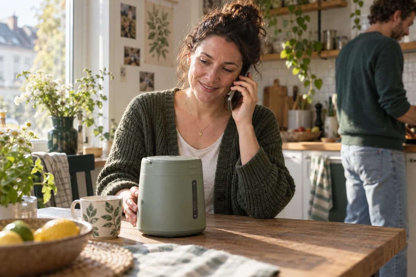 Vásárló telefonon beszél a konyhában egy kis háztartási készülék mellett, természetes, nyugodt arckifejezéssel.